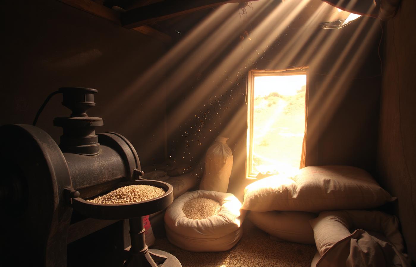 Inside Annapurna Agro Rice Mill, with sacks of grain and light through the window